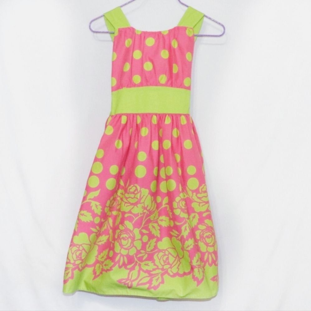 Green/pink polka dots and flowers dress
